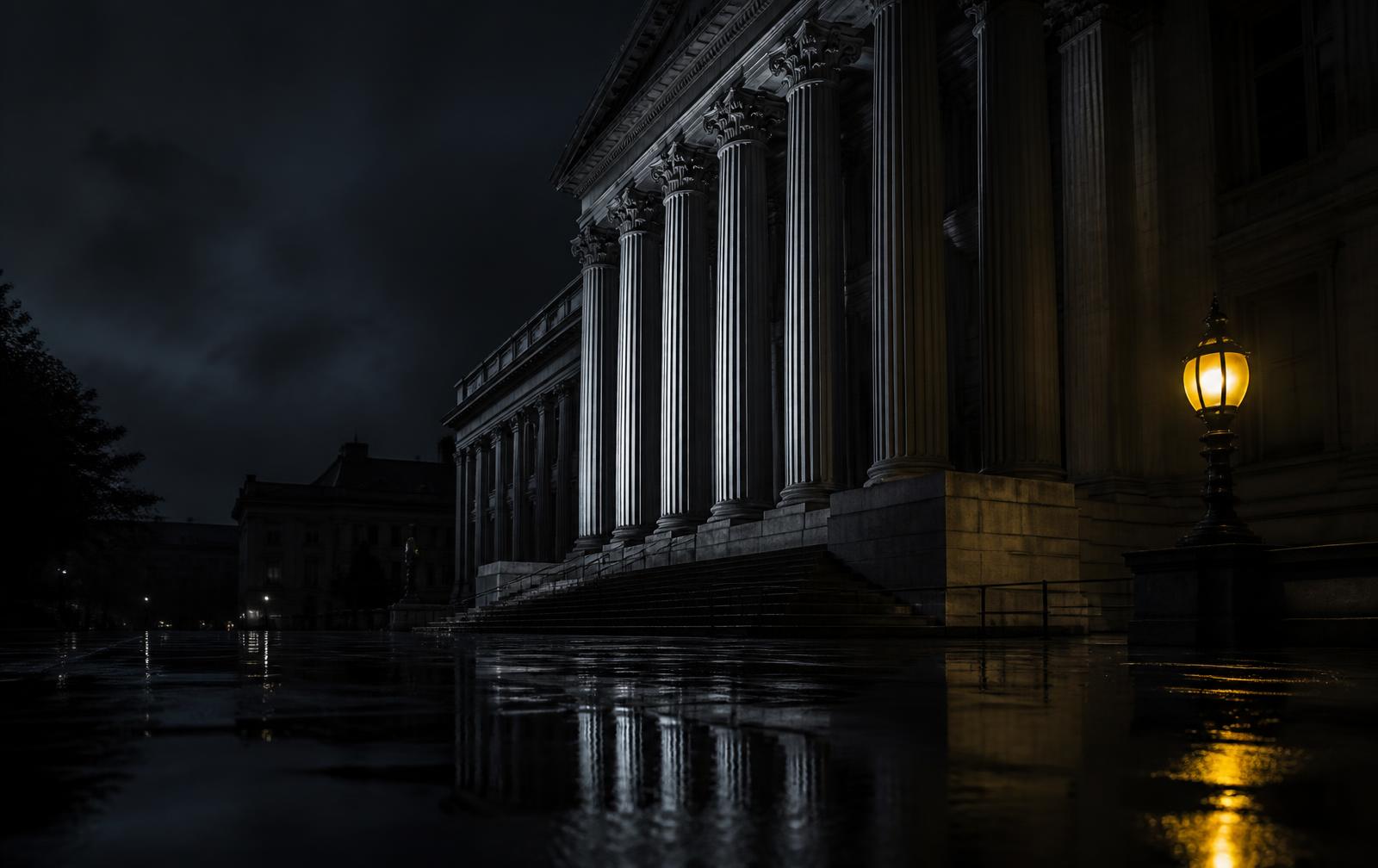 Courthouse corridor at night
